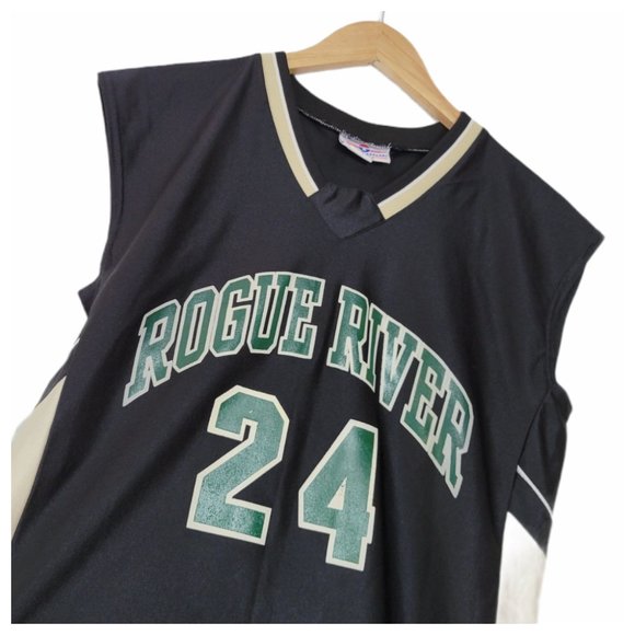 Sleeveless Baskeball Jersey Rogue River Number 24 Black Green and Golden Tan - Picture 4 of 11